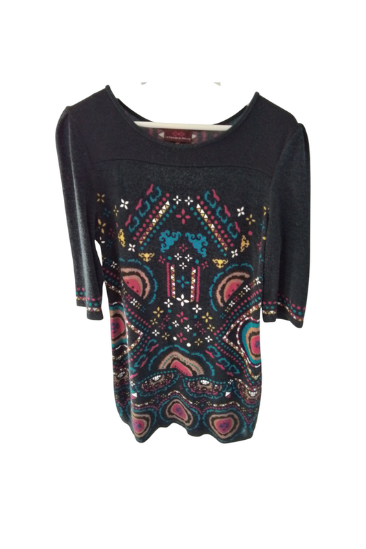 Robe coupe droite laine noir et multicolore