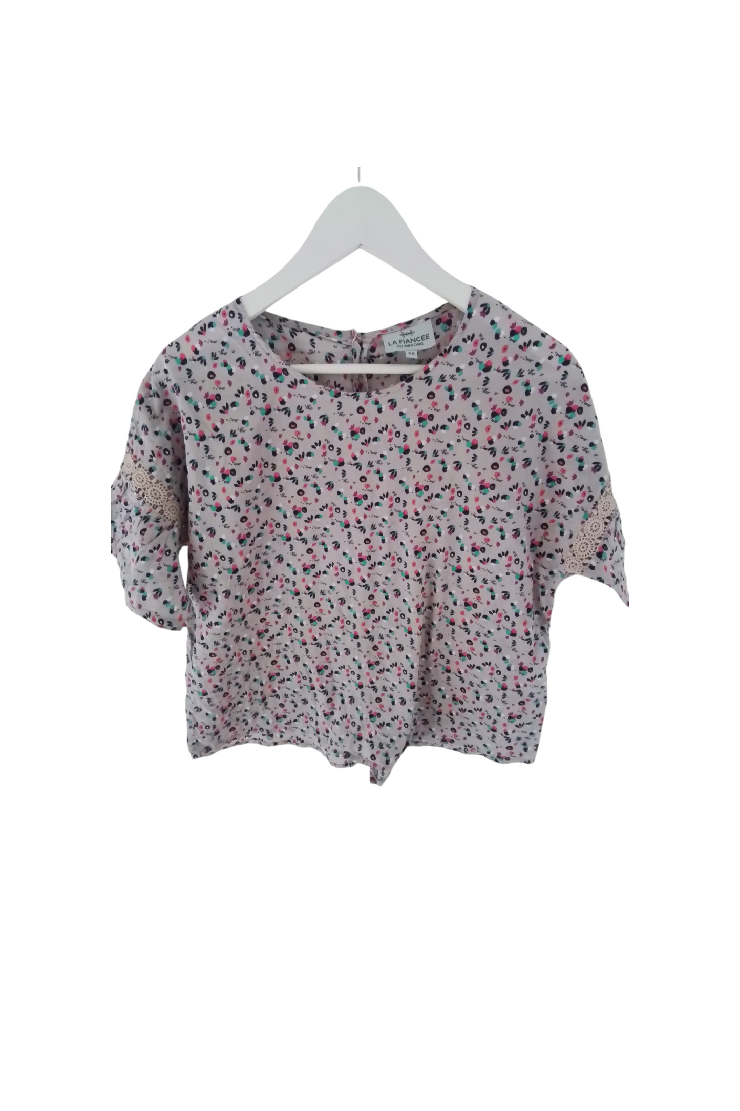 Top coton imprimé manches 3/4 avec guipures