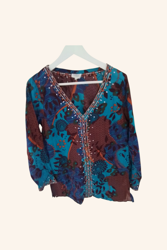 Tunique longue coton imprimé,  brodée fil lurex et col V