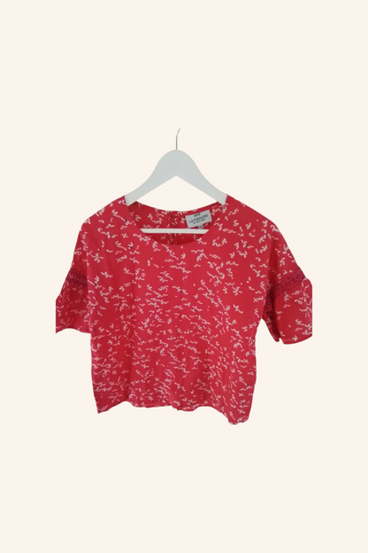 Top coton imprimé manches 3/4 avec guipures aux manches