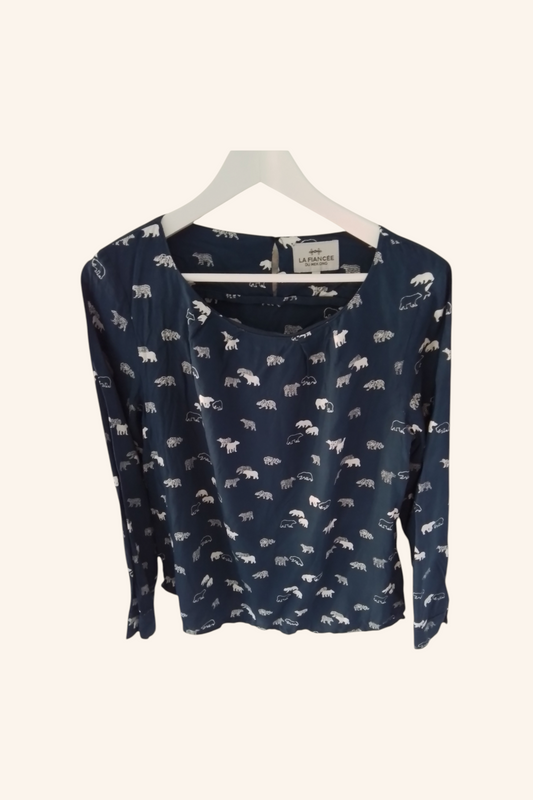Top manches longues viscose bleu marine et blanc