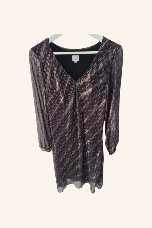 Robe polyester fils métallisé noir orange et or