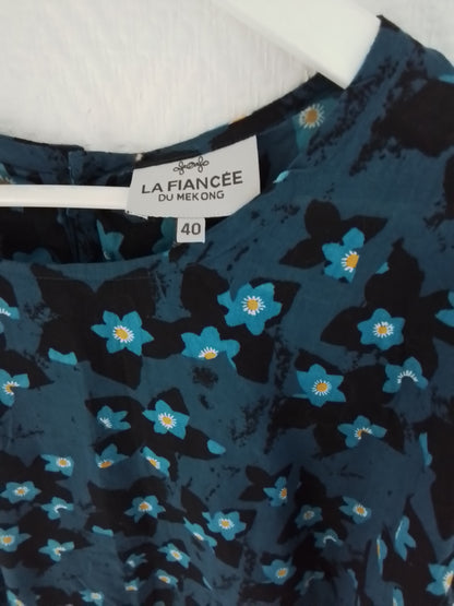 Top coton imprimé manches 3/4 avec guipure aux manches