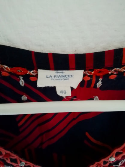 Tunique coton imprimée,  grand col V avec broderies fil lurex