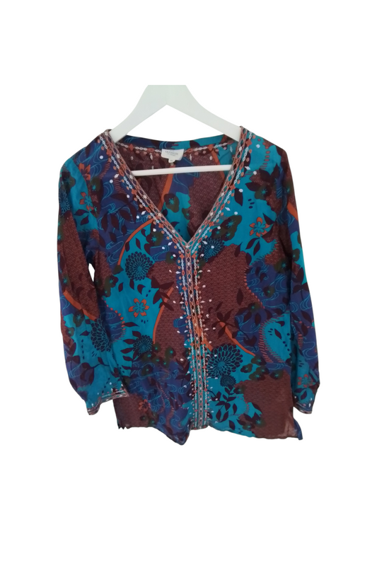 Tunique longue coton imprimé,  brodée fil lurex et col V
