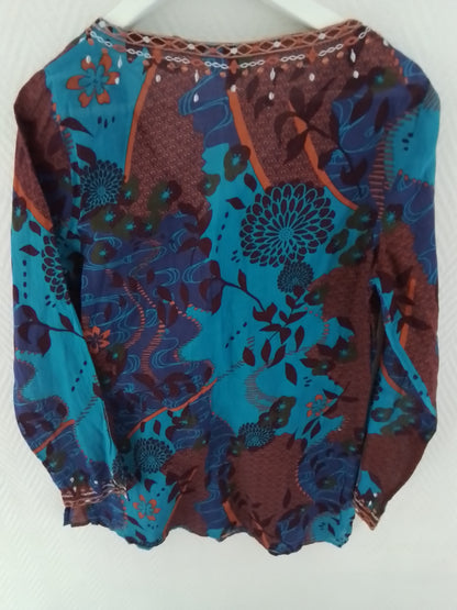 Tunique longue coton imprimé,  brodée fil lurex et col V