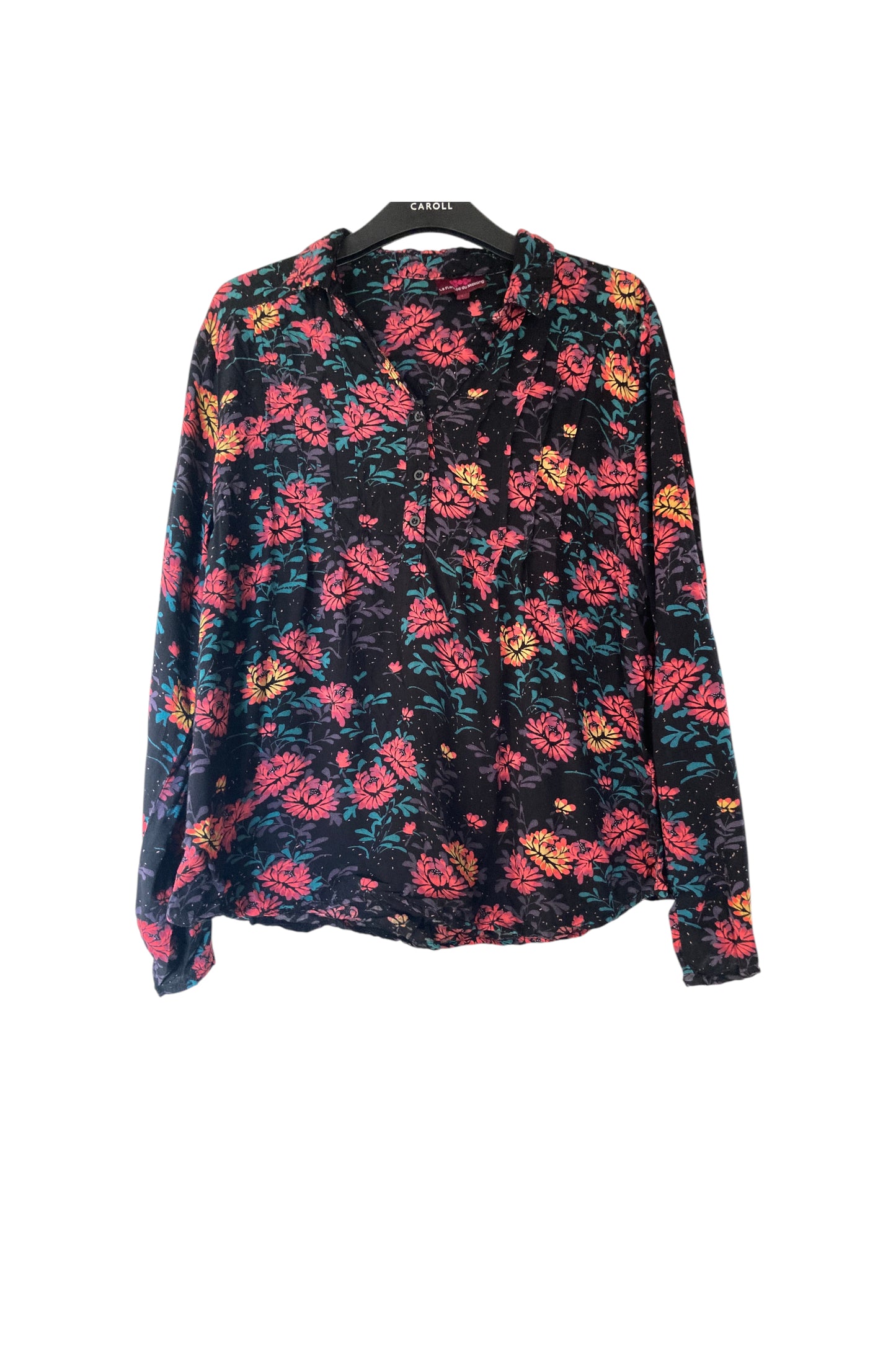 Blouse à manches longues noir motif florale orangé et rose