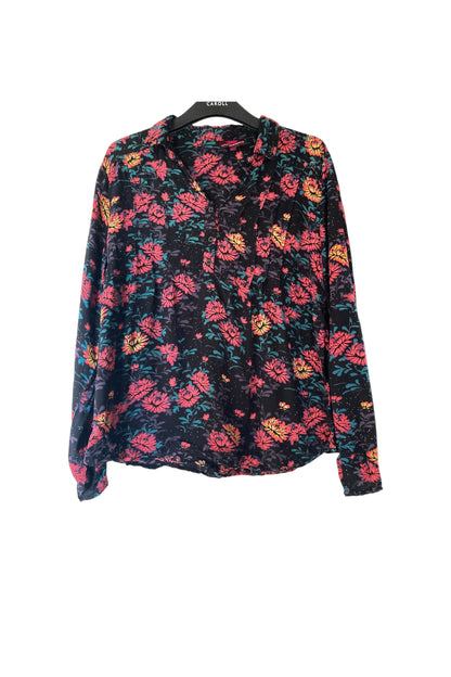 Blouse à manches longues noir motif florale orangé et rose