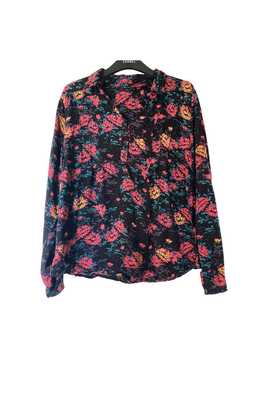 Blouse à manches longues noir motif florale orangé et rose