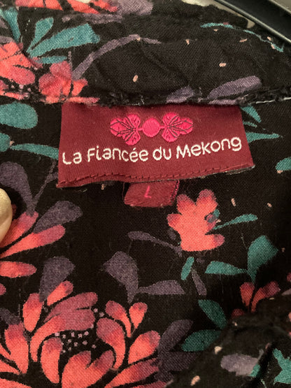 Blouse à manches longues noir motif florale orangé et rose