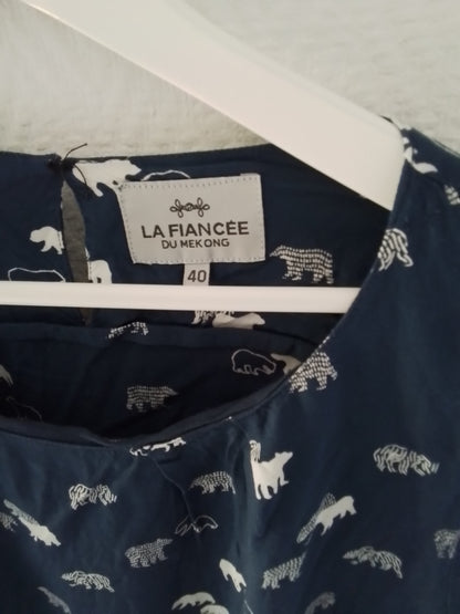 Top manches longues viscose bleu marine et blanc