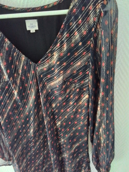 Robe polyester fils métallisé noir orange et or