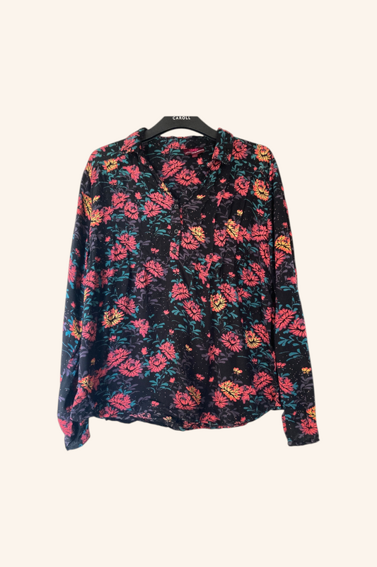 Blouse à manches longues noir motif florale orangé et rose