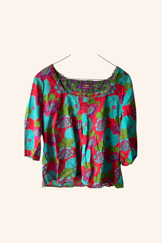 Blouse imprimé à manches courtes couleurs : bleu,rouge,vert