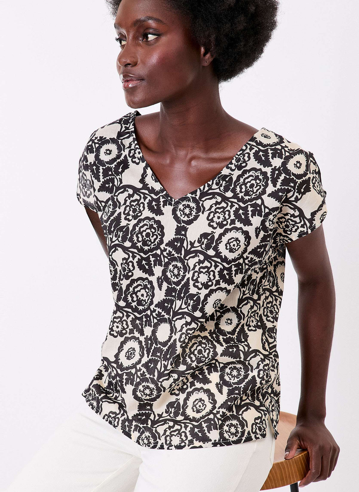Top imprimé voile de coton bio col V CACIA