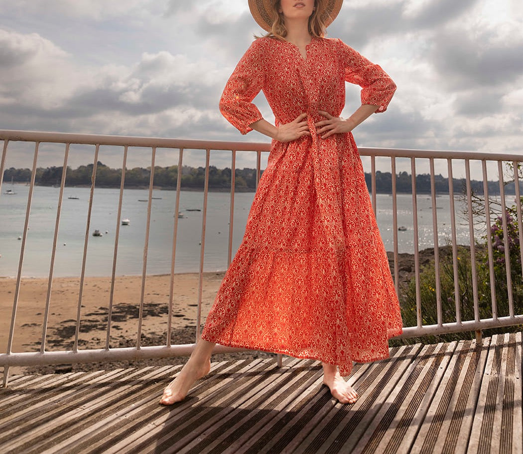 Robe longue voile de coton bio évasée CATALEYA