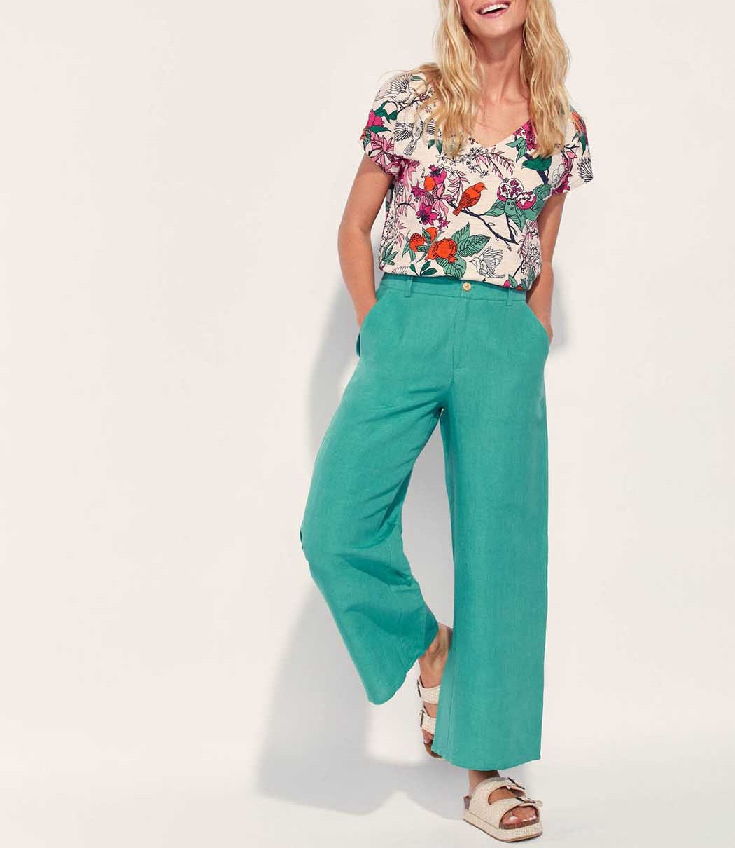 Pantalon large coton lin taille haute AMELIA