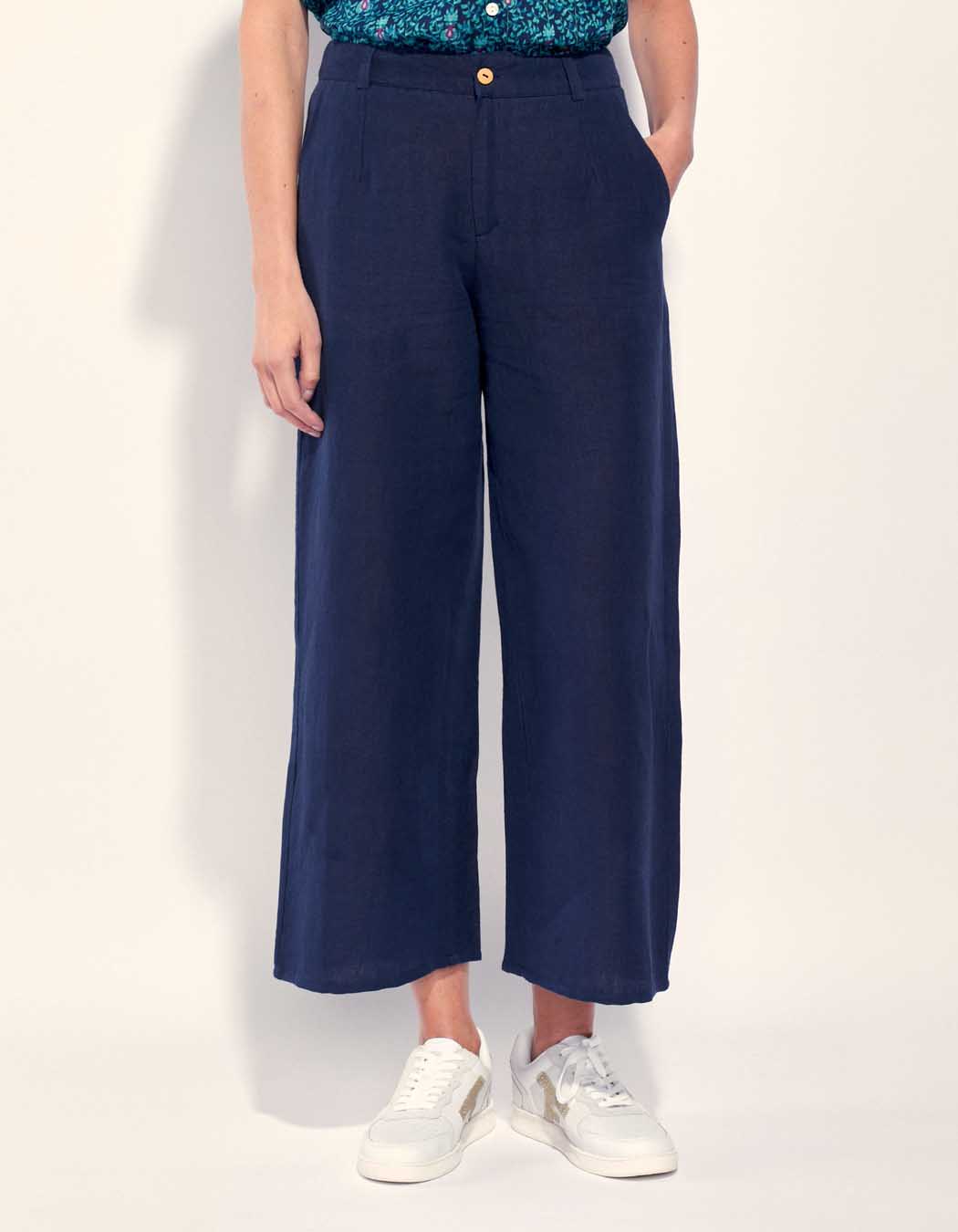 Pantalon large coton lin taille haute AMELIA