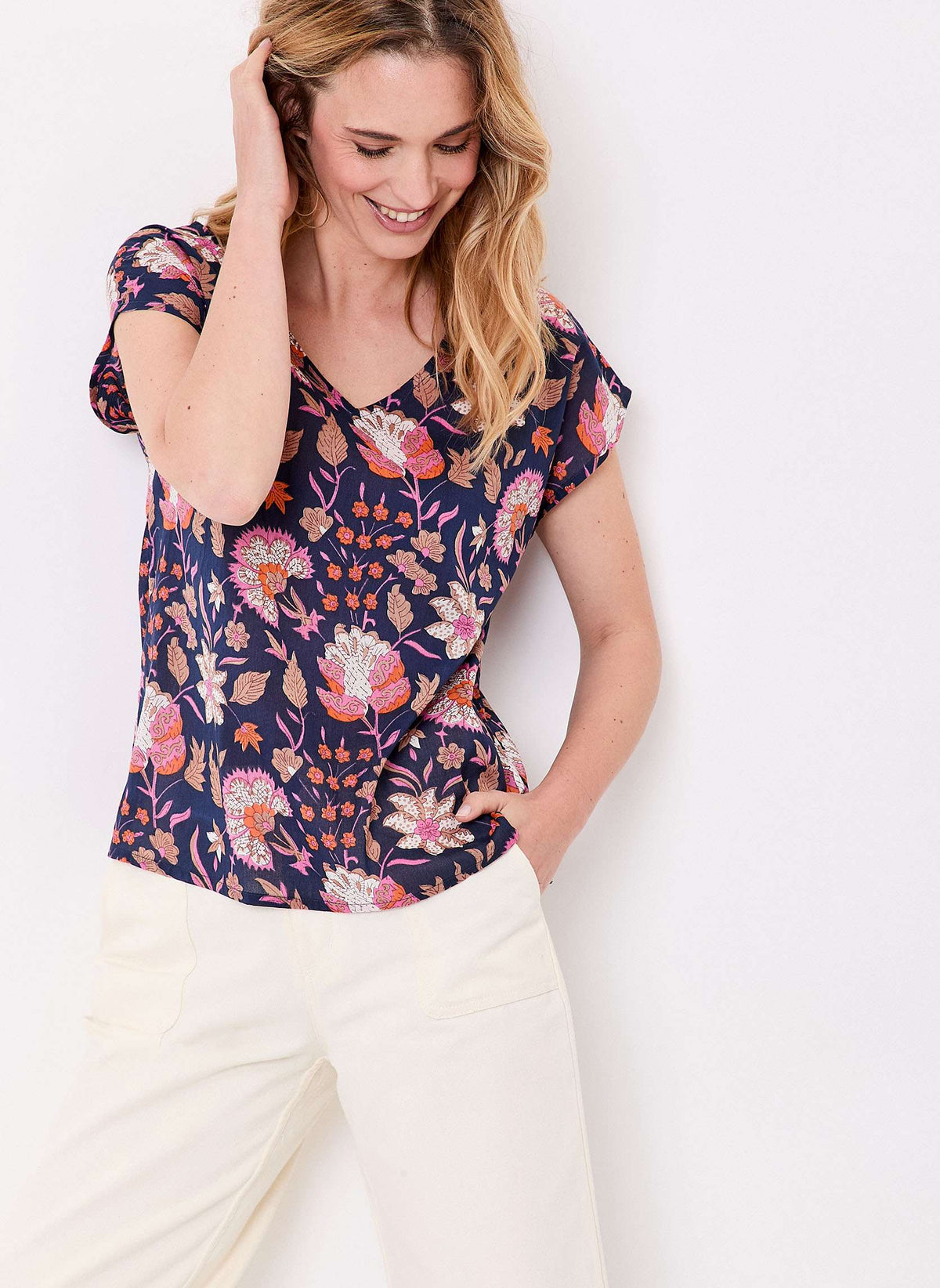 Top imprimé voile de coton bio col V CACIA