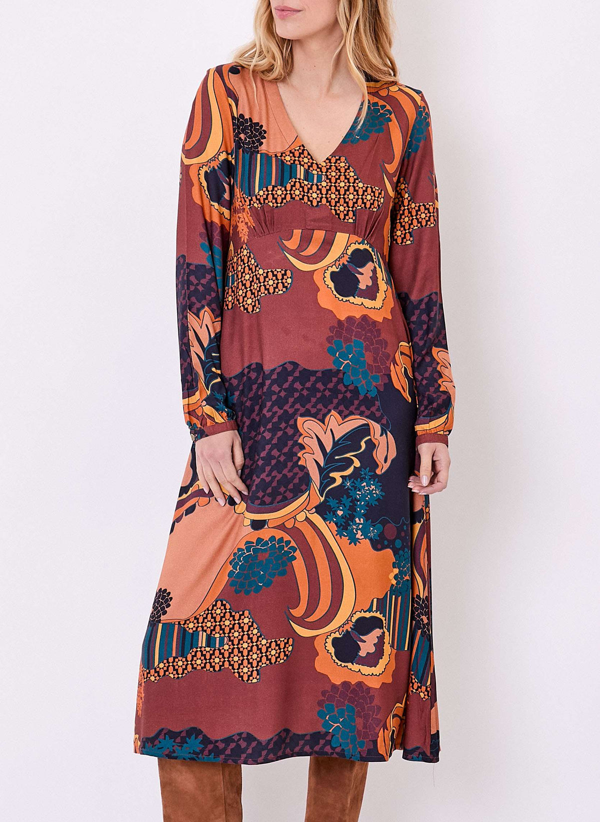 Robe midi fluide imprimée col V LAMANA