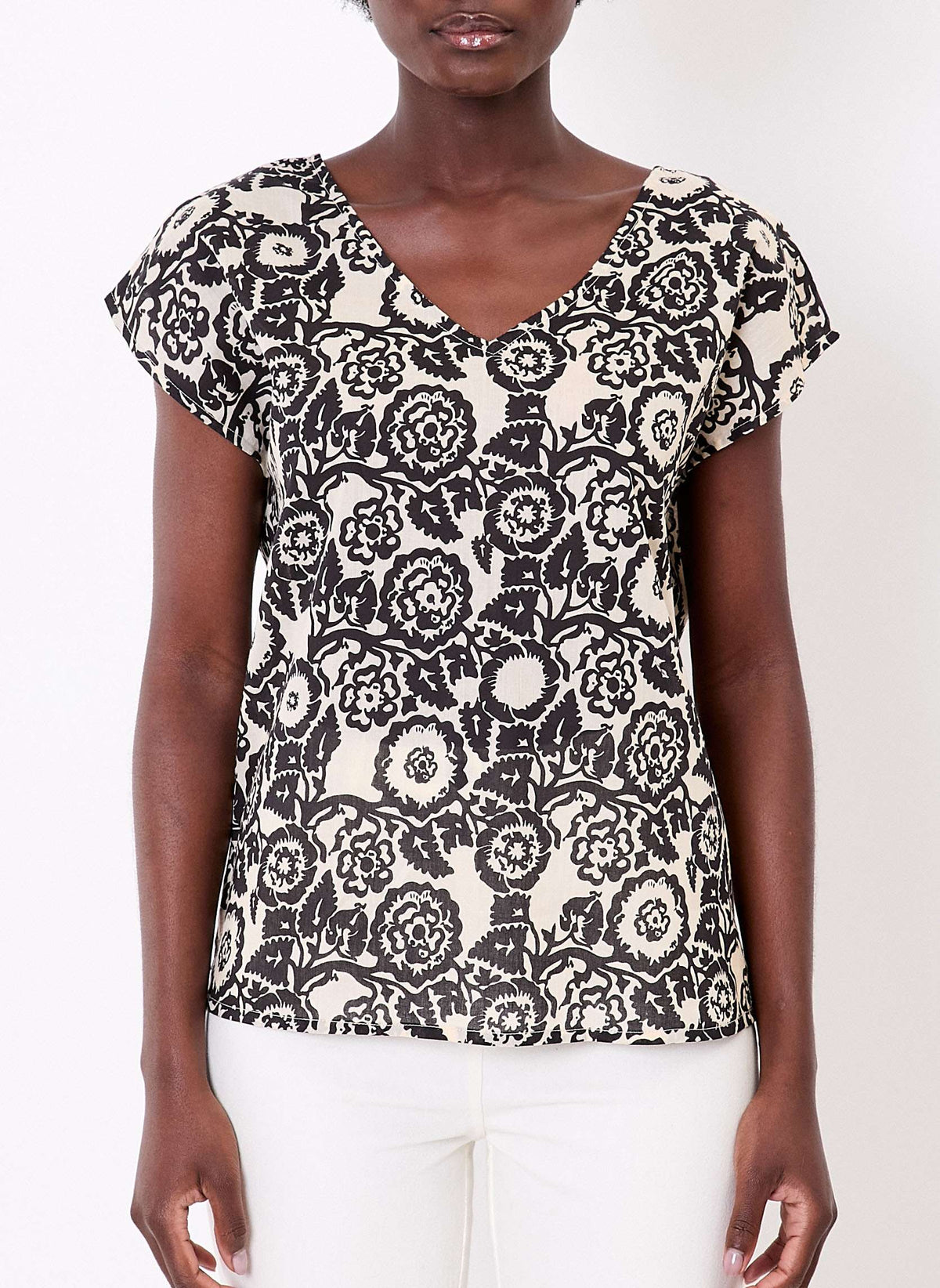Top imprimé voile de coton bio col V CACIA